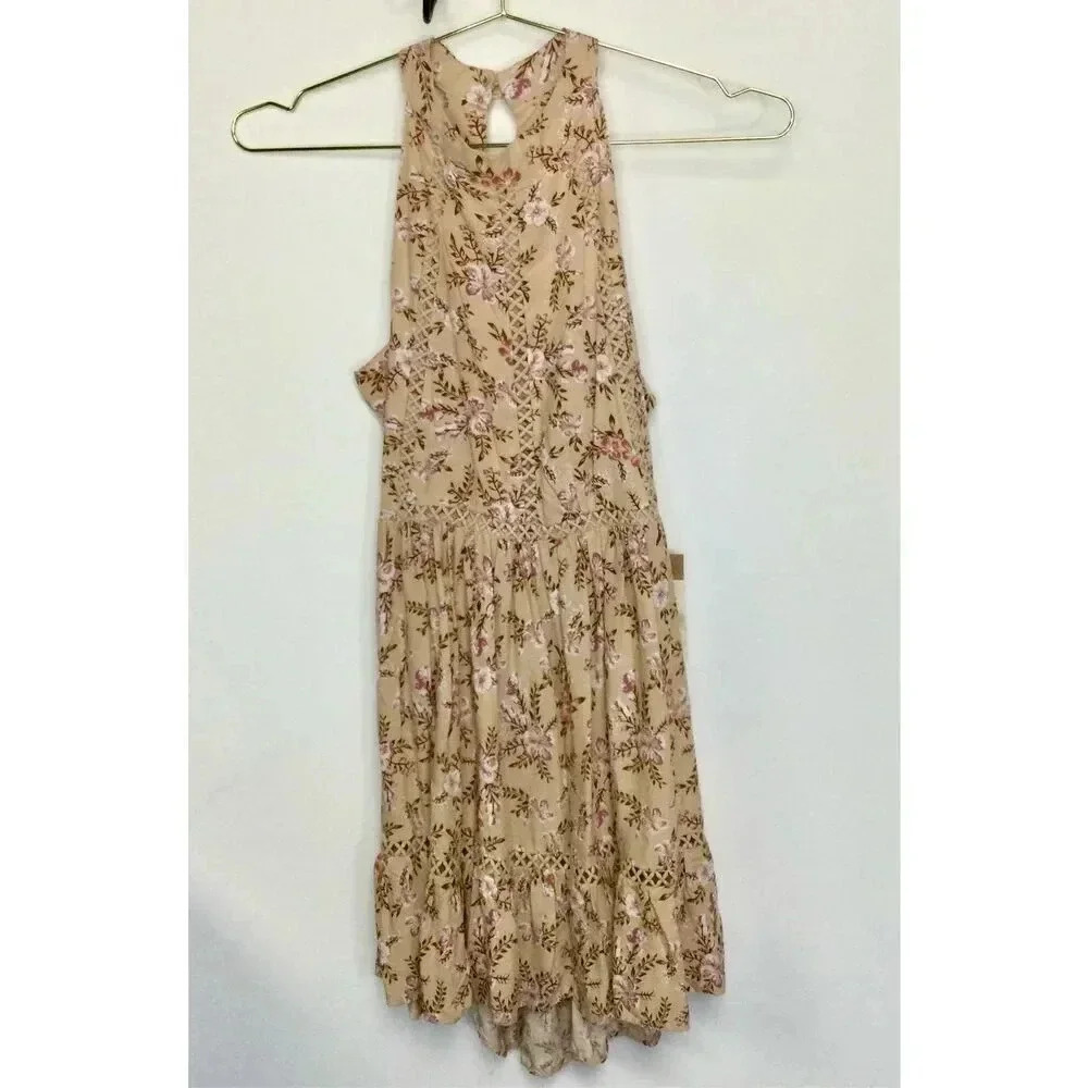 Sunday Mi‎ Amor Womens Small Mini Dress Tan Rose Print Open Back Sleeveless NWT